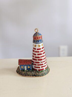 Cloisonné Lighthouse Ornament Enamel Copper Gold Accents Nautical USA Christmas